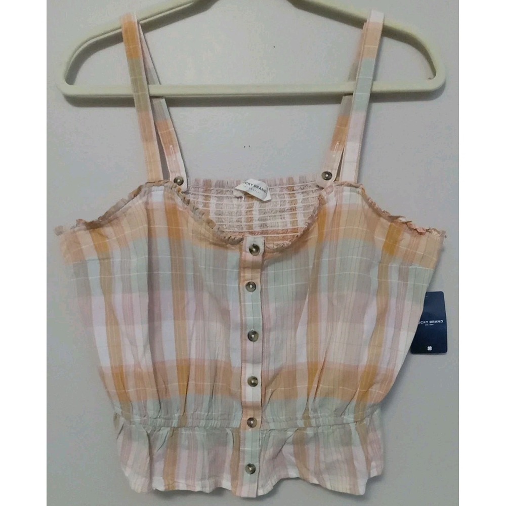 Lucky Brand Women Peach Greenβ Plaid Crop Button Up Sleeveless Tank Top Size L